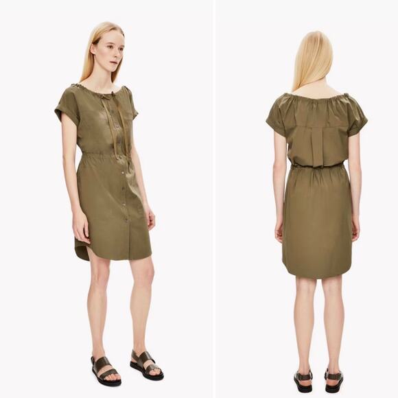 Theory Military Green Laela Cotton Mini Shirt Dress Drawstring Waist Size 4 - Picture 12 of 15